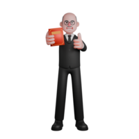 Male Judge 3D. A judge stands with his right hand carrying a book while his left hand points his thumb. Professional png