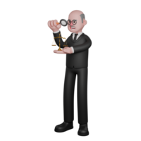 3D Male Judge in Action. A male judge is seen standing with a magnifying glass in his right hand, while in his left hand there is a legal scale, as if he were observing a legal scale. Judicial png