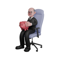 Professional Judge Character in 3D. A male judge is seen sitting relaxed in his office chair with both hands holding a savings account in the shape of a red pig. Male png