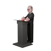 Professional Judge 3D Art. A judge stands behind the podium facing right while both hands are on the podium. Male Law Character png