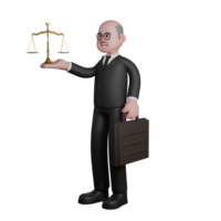 3D Judicial Enforcement Male Judge. A judge stands with his right hand holding the symbol of the scales of justice while his left hand holds a briefcase. Professional png