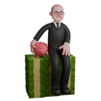 Professional Male Judge in 3D. a judge sits on a pile of money with his hand holding a piggy bank for those beside him. Courtroom Dynamics png