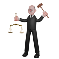 3D Legal Practitioner. A male judge is seen standing with his right hand holding a legal scale while his left hand holds the judge's hammer. Male Judge png