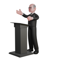 3D Male Judge Character in Action. A judge stands behind the podium with his right hand raised, as if he is presenting. Professional png