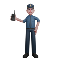 3D Professional Male Police. Policeman Ready to Communicate while holding Walkie-Talkie in his right hand, while his left hand is on his waist. Law Character png
