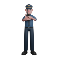 profesional masculino ley ejecutor personaje. un policía con un grave expresión es comunicado vía walkie-talkie radio con ambos manos abrochado en frente de su manos. 3d policía png