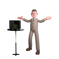 Animated Professional Lawyer. A male lawyer is standing in front of a table with a safe on it and both hands are raised up with palms facing up. 3D Male png