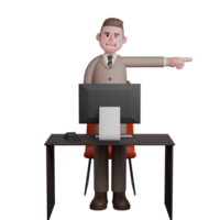 A male lawyer stands in front of his work chair with his left hand straight out to the side while pointing and in front of him is a work desk with a monitor screen on it, as if giving directions. png