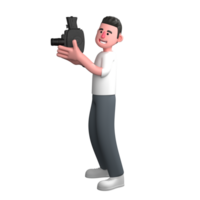 3D Model of Cartoon Photographer. a male photographer is standing holding an analog film camera with both hands, as if operating the camera. Professional Shoot Expert png