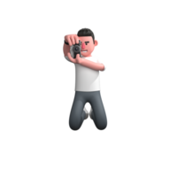 3D Cartoon of Male Photographer. A male photographer is kneeling holding a camera with both hands as if he is photographing an object in front of him. Professional png
