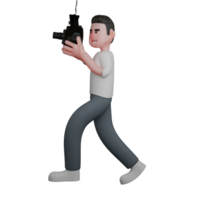 Professional Male in 3D - Photographer. A male photographer walking while observing an analog camera held in both hands, as if he wants to capture the media that is moving. Cartoon png
