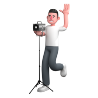 A male photographer is standing in front of a studio light with his left leg bent upwards while his right hand is holding a studio light while his left hand is raised in a waving gesture. png