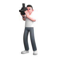 3D Cartoon Camera Expert. A male photographer is standing holding a camera with both hands and bringing it close to his face, as if looking through the lens or viewfinder. Visual Arts Scene png