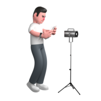 Male Photographer with Camera . A male photographer is standing in front of a studio light attached to a tripod and both hands holding a tablet or small screen. png