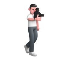 3D Animated Photographer. A male photographer is walking while holding a camera with his left hand, as if focusing on the object in front of him. Male Media Figure png
