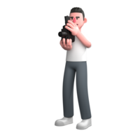 3D Male Photographer at Work. A male photographer is standing upright while holding a camera with both hands, as if aiming at an object to be captured. Photoshoot Cartoon png