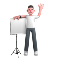 3D Professional in Photography. a male photographer is standing next to a reflector with his right hand resting on the reflector while his left hand is raised as if greeting. Male Photographer png
