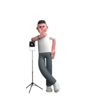 A male photographer is standing next to a studio light with both legs crossed, his left hand is on his waist while his right hand is on his chin with his index finger and thumb sticking out. png