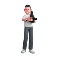 3D Cartoon Photographer Character. a male photographer is standing holding an analog film camera with both hands, as if recording something interesting or important. Creative Imaging Model png