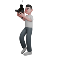 3D Male Photographer in Action. A male photographer standing with his right leg slightly raised and both hands holding an analog camera, as if transfixed by the media. Professional Media png