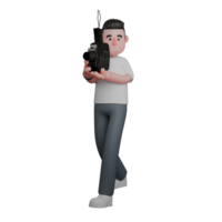 Male Photographer in Media 3D. A male photographer is walking with both hands holding an analog camera, as if he is taking the desired media. Professional Character png