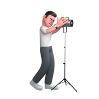 3D Model of Male Photographer. A male photographer is standing in front of a studio light with both hands holding a studio light attached to a tripod. Professional Cameraman png