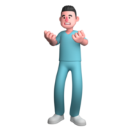 Professional 3D Male Healthcare Nurse. A male nurse is seen standing with both hands open forward, as if he wants to explain and invite others to come closer. Cartoon png