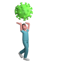 of Male Nurse. A male nurse is seen standing while raising both of his hands up and above him is a representation of a virus, as if he is about to be hit by the representation of the virus. png