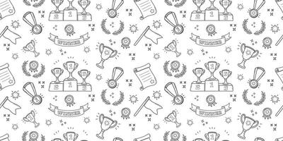 Doodle pattern sport. Background with linear symbols of winner. Black and white pattern with cups vector
