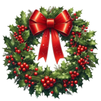 Red ribbon christmas wreath with holly berries on transparent background png