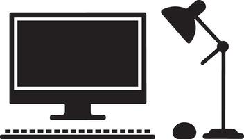 Desktop or workplace icon. Table with computer and lamp vector