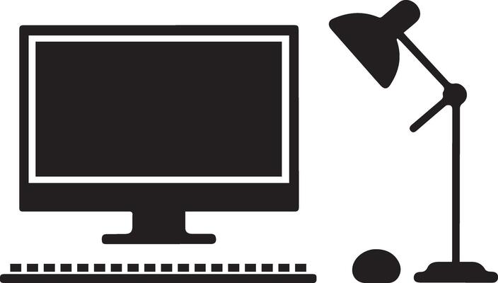Desktop or workplace icon. Table with computer and lamp