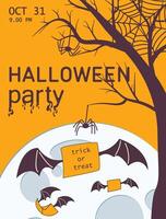 Halloween card with a big moon, a spooky tree and bats with letters. vector