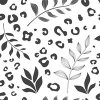 Twigs with leaves and leopard spots form a seamless trendy pattern on a white background. vector