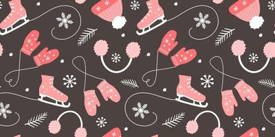 Seamless pattern with winter things, skates, mittens, hat on a background of snowflakes. vector