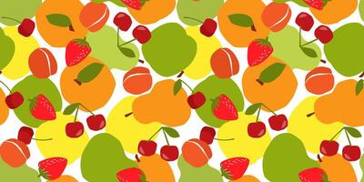 Seamless pattern with abstract silhouettes of fruits and berries. Summer print with apples, pears, strawberries, peaches, cherries. vector