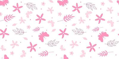 Seamless pattern with a delicate summer monochrome print. Flowers, butterflies, leaves on a white background. vector