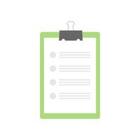 Clipboard with a paper for taking notes, writing, planning. Top view of a document on white background. Checklist on clipboard marking checkmark on paper checklist. Filling questionnaire, survey form vector