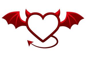 Devil red heart frame isolated on white background. Heart with tail wings and horns. Flat design, illustration for your designs, greeting cards, print, stickers or banners. vector