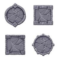 Stone sign board game UI illustration in Aztek style. APP frame for your icons, cracked granite rock frame. Solid gray stone texture background, tile interface decorative element on white background vector