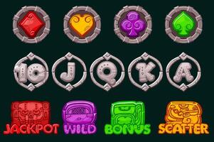 Set of 12 slot symbols Mayan or Aztec theme. Ui element for jackpot in gambling. Stone Icons for 2D Games and Casino or Slots. Graphic elements for the development of slot machines vector