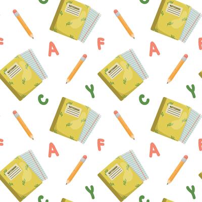Pattern with notebook, pencil and letters.