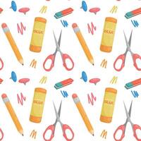 Pattern with scissors, glue, pencil, eraser and pushpins. vector