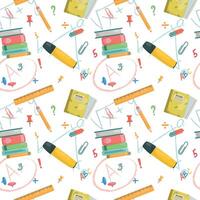Pattern with notebook, stack of books, pencil, ruler and highlighter. vector
