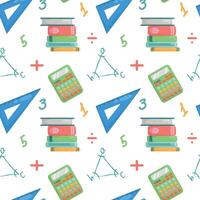 Pattern with triangle ruler, calculator, stack of books and triangle. vector