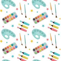 Pattern with artistic objects. Palette, paints, brushes, highlighters. vector