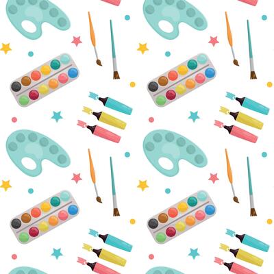 Pattern with artistic objects. Palette, paints, brushes, highlighters.