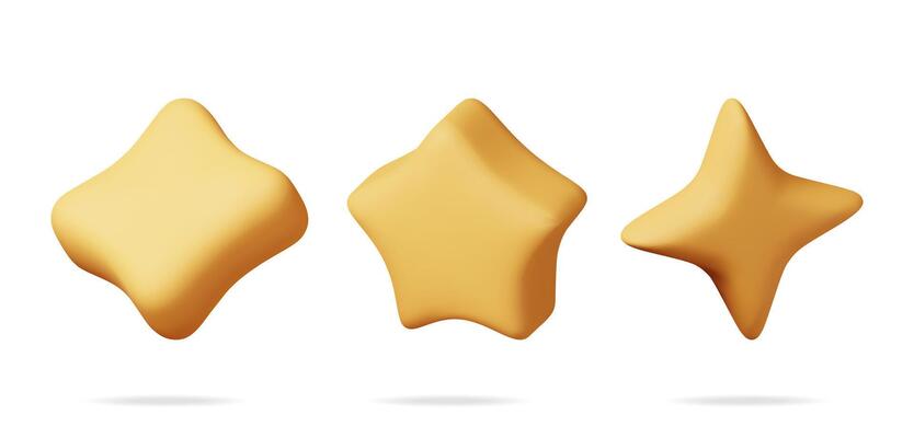 3D glossy yellow star in different shapes isolated.