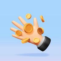 3D hand full of gold coins isolated. Render money in hand vector