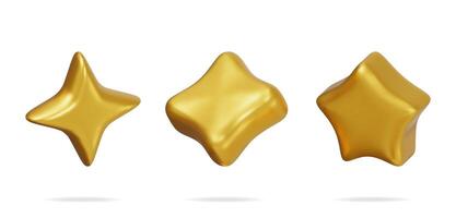 3D glossy yellow star in different shapes isolated. Reviews round star vector